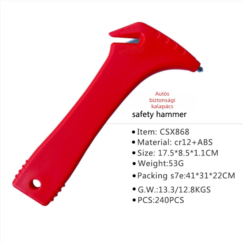Autó biztonsági kalapács – kétfunkciós vészhelyzeti eszköz üvegbetörővel és menekülési funkcióval; Anyag: ABS+acél; Tömeg: 53 g; Márka: Car shixing