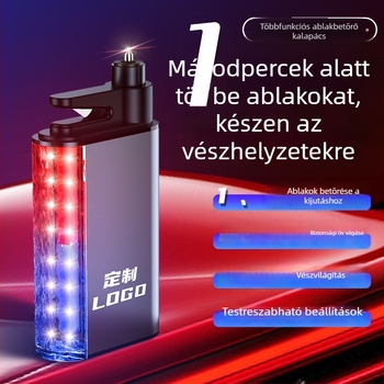 Autós biztonsági kalapács, többszínű LED-lámpával, riasztással és ablaktörővel — három az egyben világítással (Márka: Group Chi; Anyag: alumínium ötvözet + ABS + PC + acél; Súly: 0,3 kg)