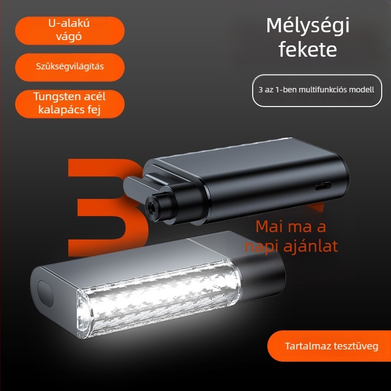 Autós biztonsági kalapács, többszínű LED-lámpával, riasztással és ablaktörővel — három az egyben világítással (Márka: Group Chi; Anyag: alumínium ötvözet + ABS + PC + acél; Súly: 0,3 kg)