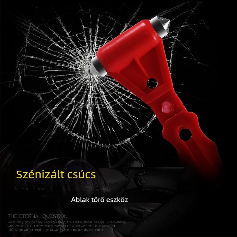 Autóhoz készült többfunkciós biztonsági kalapács ablakszakítóval; ABS műanyag; vasfej; ötvözet; 0,1 kg