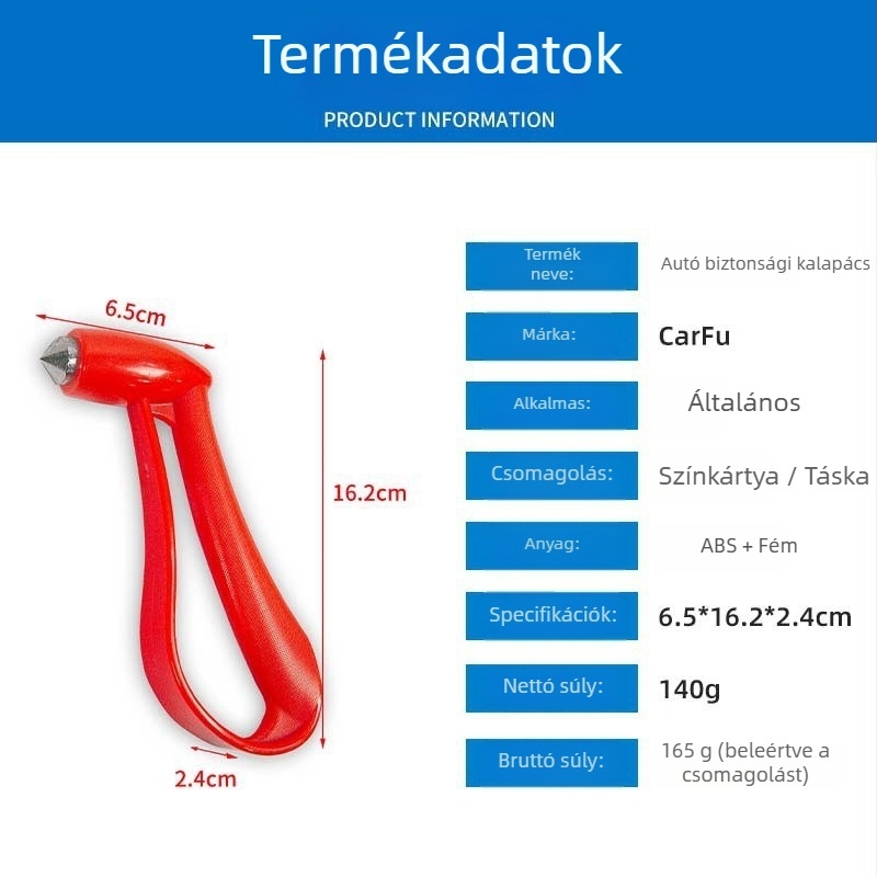Autóbiztonsági kalapács ablakbetörővel, hordozható életmentő eszköz, ABS+fém, 140 g, Guangdong eredet