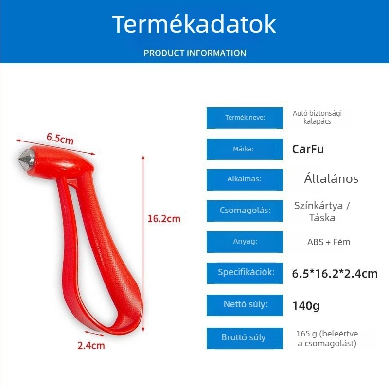 Autóbiztonsági kalapács ablakbetörővel, hordozható életmentő eszköz, ABS+fém, 140 g, Guangdong eredet