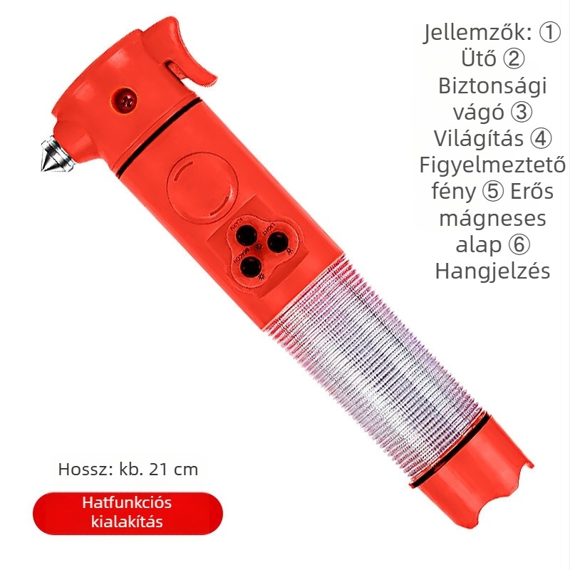 Autóbiztonsági kalapács többfunkciós menekülő eszközzel, zseblámpával és vészjelző fénnyel, hat-az-egyben ablaknyitóval és vágóval, műanyag, 180 g