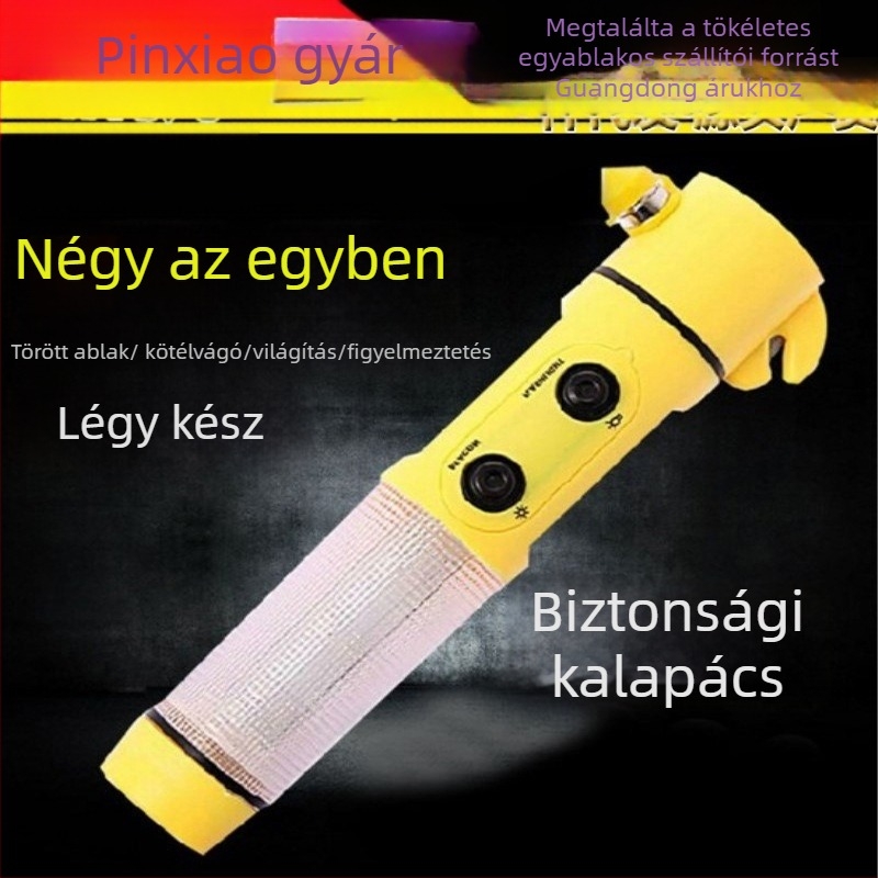 Autómentő biztonsági kalapács, 4 az 1-ben, ablaktörő, zseblámpa és riasztás, ABS műanyag, 150 g
