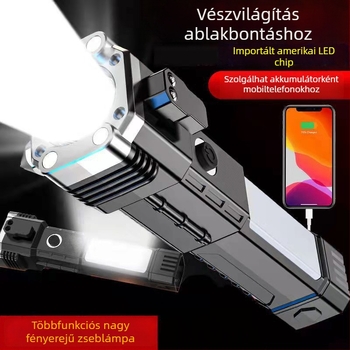 Autós vészütő LED-lámpával, ablaktörő és evakuáló eszköz