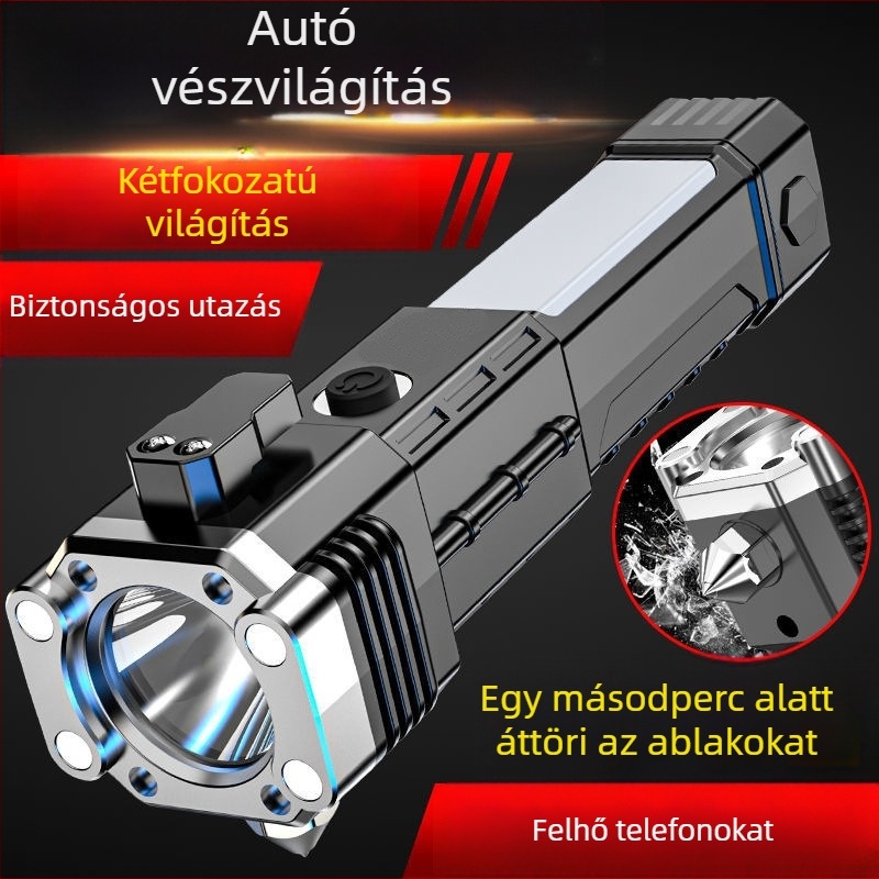 Autós vészütő LED-lámpával, ablaktörő és evakuáló eszköz