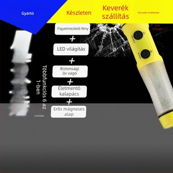 Autós biztonsági kalapács zseblámpával, 4-in-1 sürgősségi eszköz: ablaktörés, ABS műanyag, 155 g, testreszabható logó