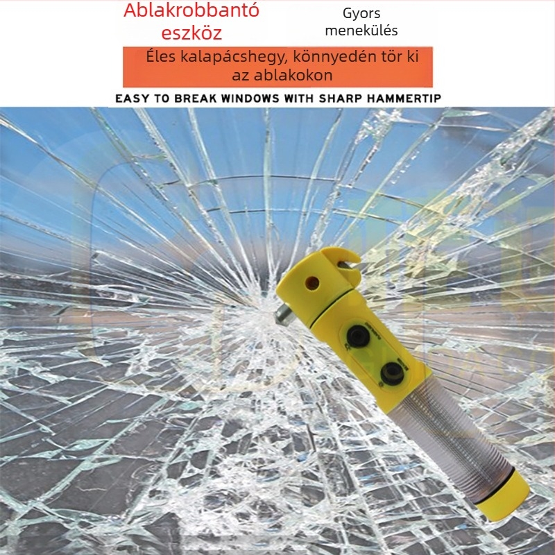 Autós biztonsági kalapács zseblámpával, 4-in-1 sürgősségi eszköz: ablaktörés, ABS műanyag, 155 g, testreszabható logó