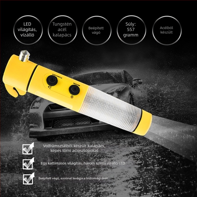 Autós biztonsági kalapács zseblámpával, 4-in-1 sürgősségi eszköz: ablaktörés, ABS műanyag, 155 g, testreszabható logó