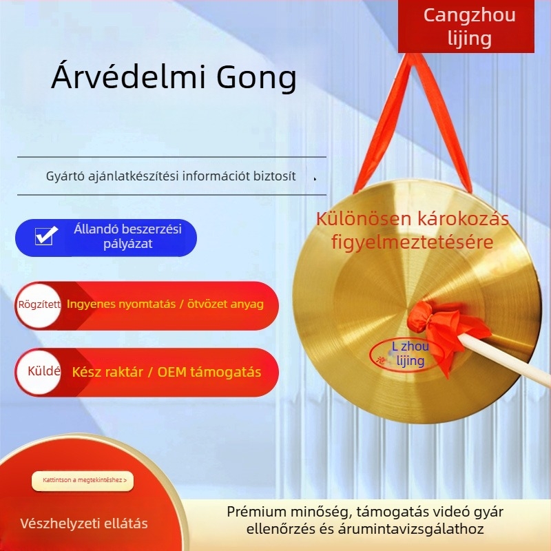 Rézötvözetből készült gong nyomtatott katasztrófa-figyelmeztető felirattal, árvízvédelmi és vészhelyzeti felhasználásra
