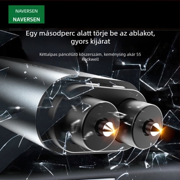 Navison Járműre szerelt teljes acél mentőkalapács ablak feltöréséhez, vészkiárathoz, többfunkciós, fej wolfram acélból