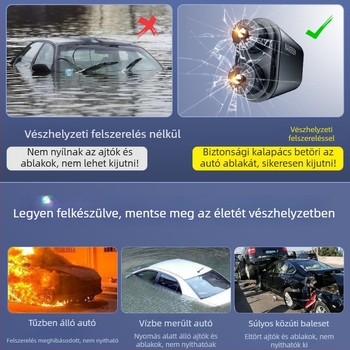 Navison Járműre szerelt teljes acél mentőkalapács ablak feltöréséhez, vészkiárathoz, többfunkciós, fej wolfram acélból