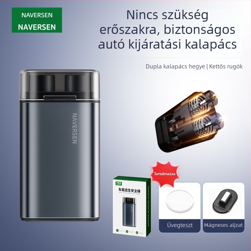 Navison Járműre szerelt teljes acél mentőkalapács ablak feltöréséhez, vészkiárathoz, többfunkciós, fej wolfram acélból