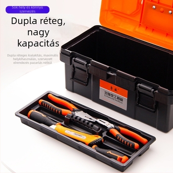Műanyag szerszámtartó doboz, kétszintes kialakítás, hordozható tároláshoz