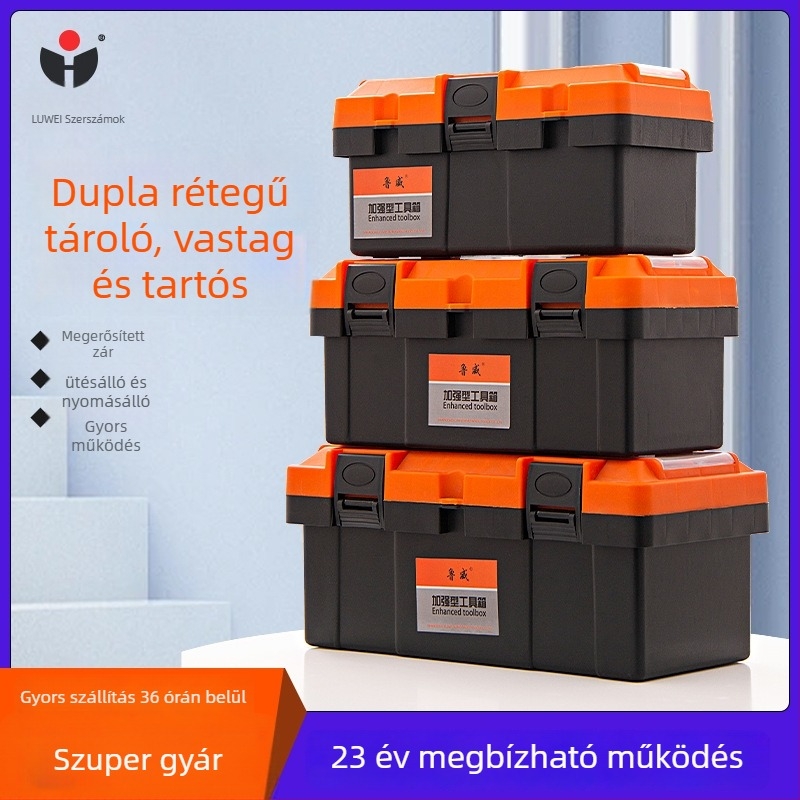 Műanyag szerszámtartó doboz, kétszintes kialakítás, hordozható tároláshoz
