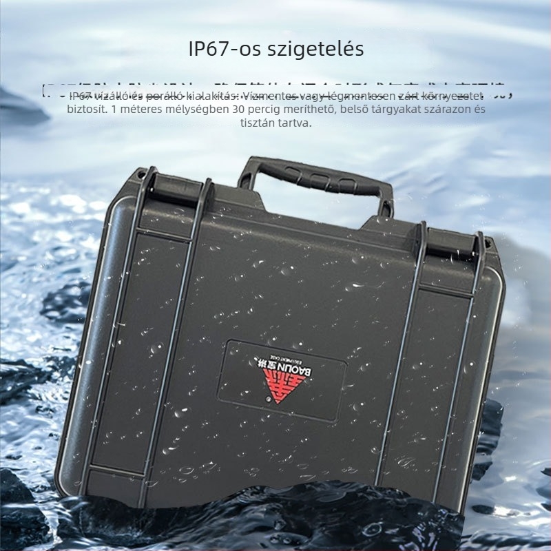 Hordozható PP műanyag vízálló eszköztároló doboz IP67 védelemmel, fújtatott formázású konstrukció, nedvesség- és korrózióálló, tömege 1,25 kg