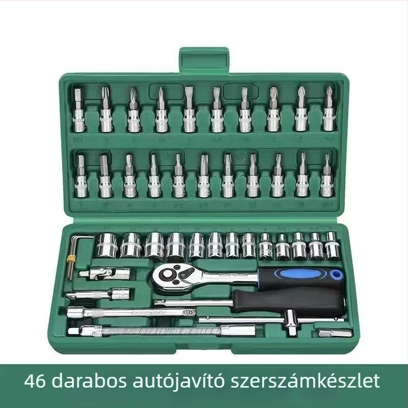 46-darabos hex karos készlet csattogó kulccsal és szerszámdobozzal autójavításhoz (PP anyag)