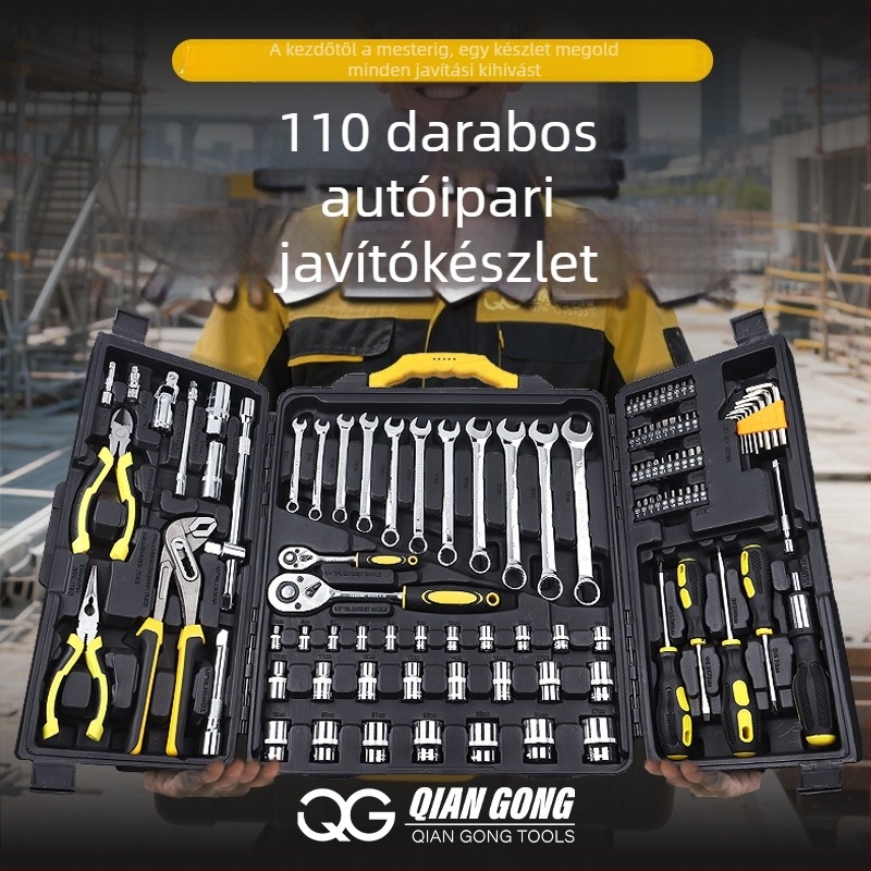 Autó javító szerszámkészlet, 110 részes, szerszámosláda, anyag 35k, otthoni autójavításra