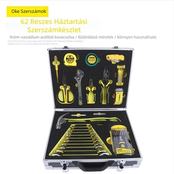 Oak 62 darabos kézi készlet háztartási és autókarbantartáshoz, tartalmaz drótfogó, hegyes orrú fogó, mérőszalag, kalapács, kulcs, elektromos csavarhúzó, olló és szigetelő szalag