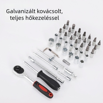 46 részes racsnis készlet dugókulcsokkal és tárolóval, cinkötvözetből, mechanikai, auto- és házi javításokra