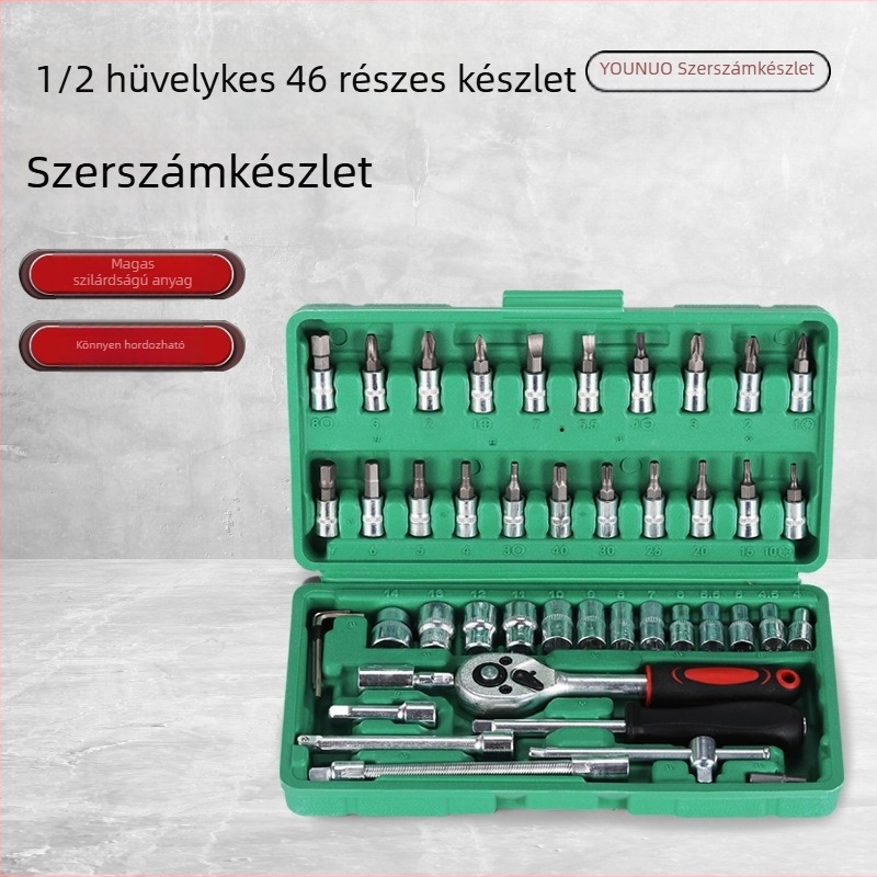 46 részes racsnis készlet dugókulcsokkal és tárolóval, cinkötvözetből, mechanikai, auto- és házi javításokra