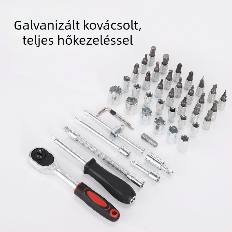 46 részes racsnis készlet dugókulcsokkal és tárolóval, cinkötvözetből, mechanikai, auto- és házi javításokra