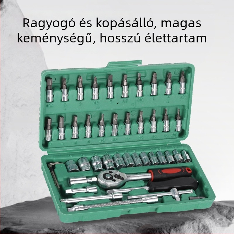 46 részes racsnis készlet dugókulcsokkal és tárolóval, cinkötvözetből, mechanikai, auto- és házi javításokra