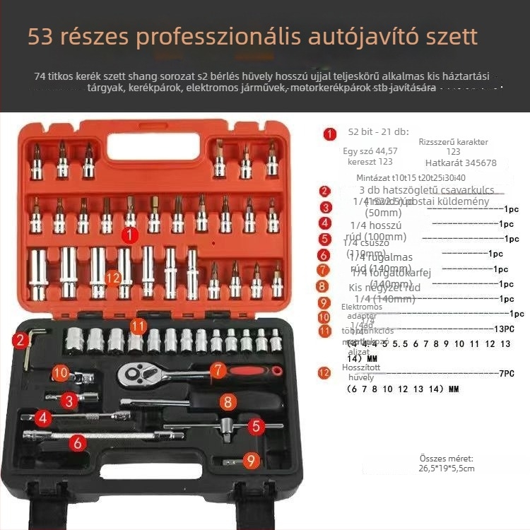 53 darabos készlet csavarhúzófejekkel és racsnis fejjel, króm-vanádium acélból, krómozott felülettel