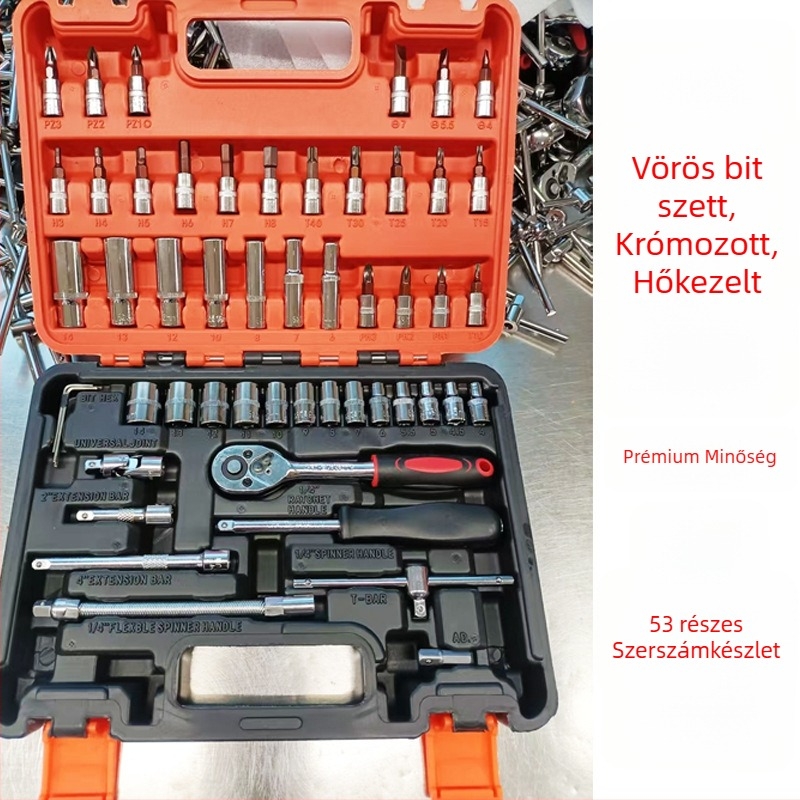 53 darabos készlet csavarhúzófejekkel és racsnis fejjel, króm-vanádium acélból, krómozott felülettel