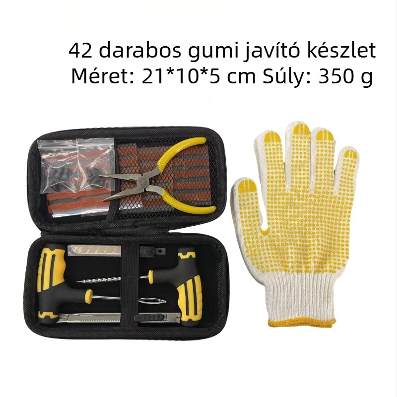 Colleo 42 részes gumi javító készlet EVA táskával autókhoz, motorkerékpárokhoz és elektromos járművekhez (Modell 0987)