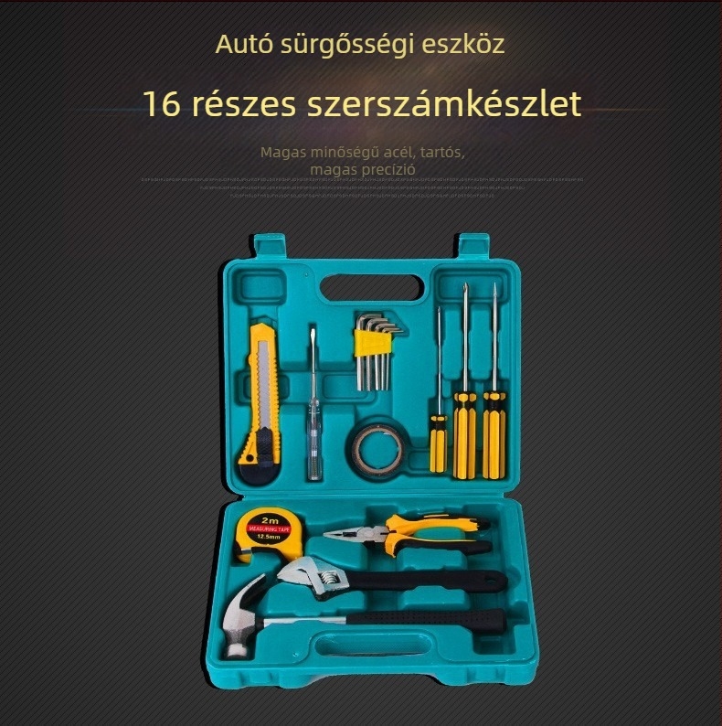 16 részes autó- és otthoni eszközkészlet, ötvözött acélból, súlya 1,36 kg