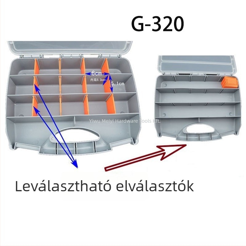 Műanyag szerszámos doboz átlátszó fedéllel, alkatrészek és szerszámok tárolására