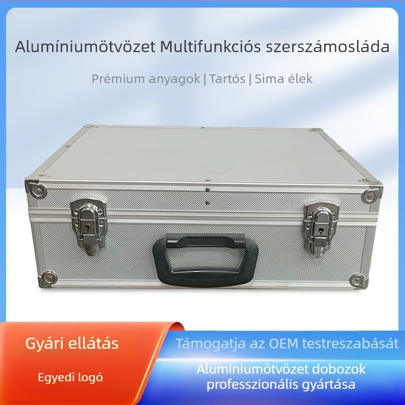 Alumíniumötvözetes eszköztartó doboz, téglalap alakú, kerekkel és kódzáras