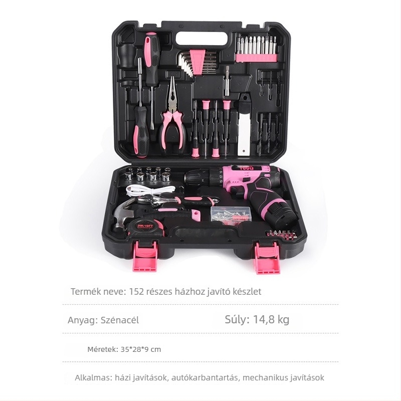 Eurokingtools karbonacél szerszámkészlet, 152 darabos, elektromos fúró-sorozat, otthoni felújításra és asztalos munkákhoz