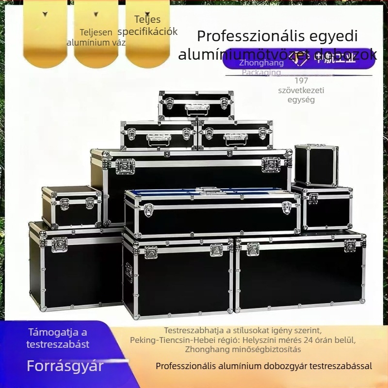 Két szintes műanyag belsővel készült alumíniumötvözetes doboz, kiállítási szállításra, szerszám- és műszeres tároláshoz, eszköztartó