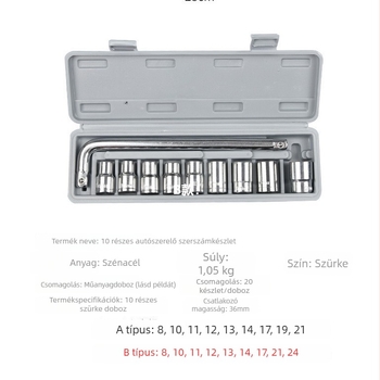 10-darabos socketkulcs készlet autók és motorkerékpárok javításához, magas széntartalmú acélból, szerszámos dobozzal