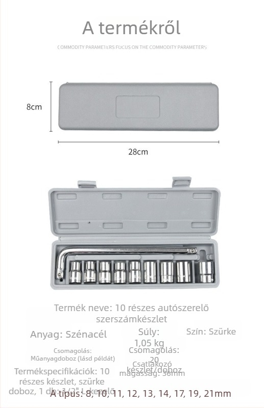 10-darabos socketkulcs készlet autók és motorkerékpárok javításához, magas széntartalmú acélból, szerszámos dobozzal