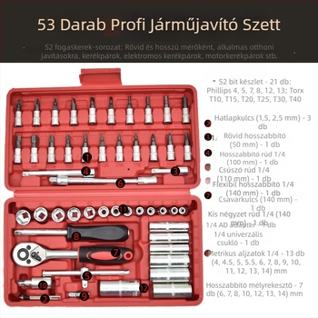 53 részes szerszámkészlet ratchettel és csatlakozófejekkel, szénacél kivitel