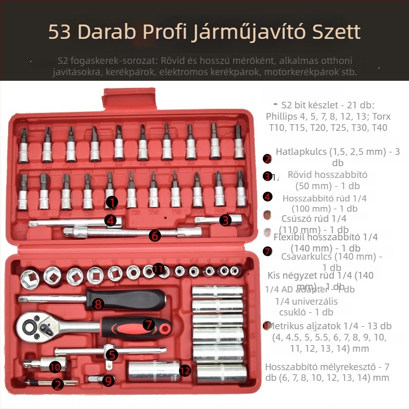 53 részes szerszámkészlet ratchettel és csatlakozófejekkel, szénacél kivitel