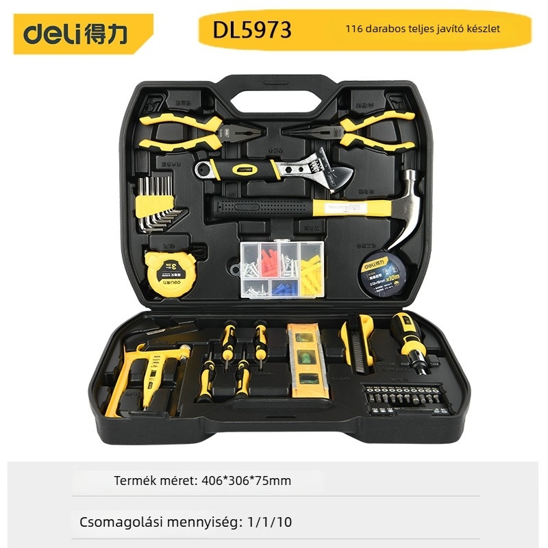 Deli hordozható szerszámosláda, 116 darabos készlet víz- és elektromos karbantartáshoz