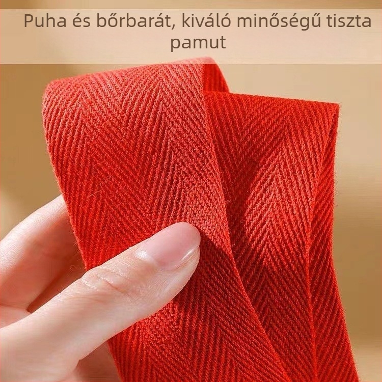 Széles piros pamut damil herringbone mintázatú, piping éllel
