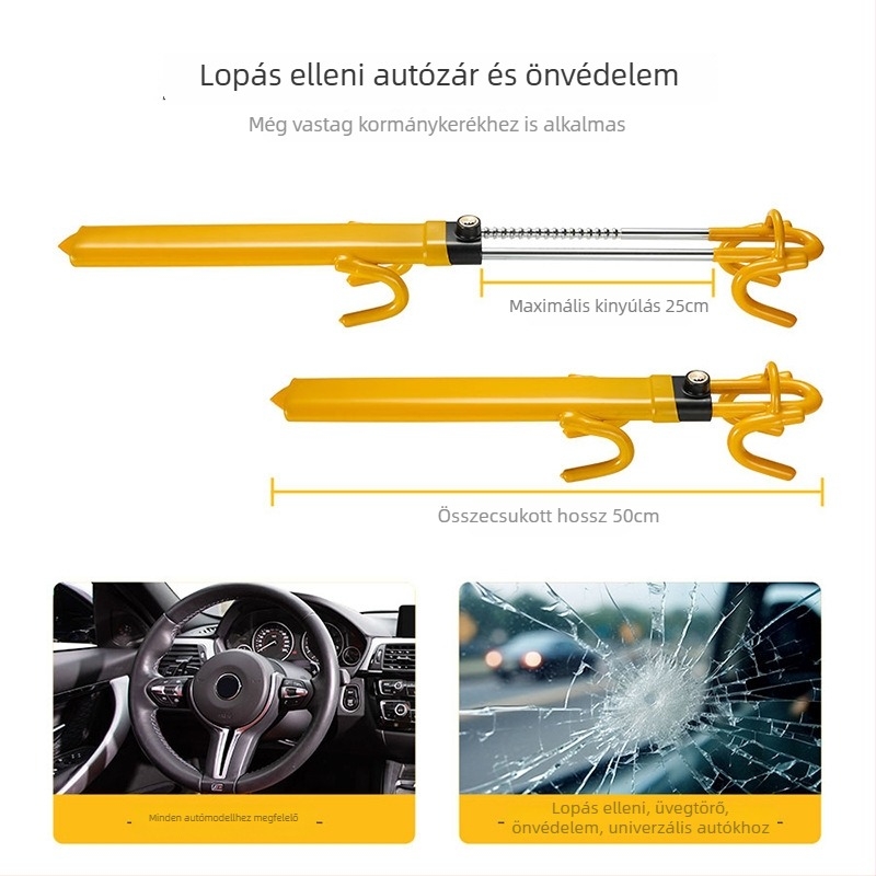 Autó kormányzár, U-alakú dupla kampó, alumíniumötvözetből, réz zárhengerrel, állítható teleszkópos mechanizmus