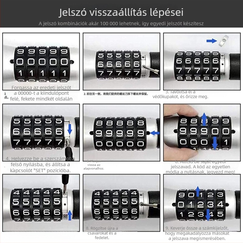Kormányzár jelszóval - kihúzható, univerzális kompatibilitás, modell 10348, anyag: rozsdamentes acél és alumínium ötvözet