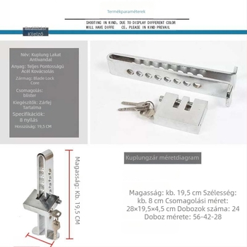 Autó ellopás elleni zár pengeszilinderral, acélból, 8-lyukas állítható, modell Clutch lock