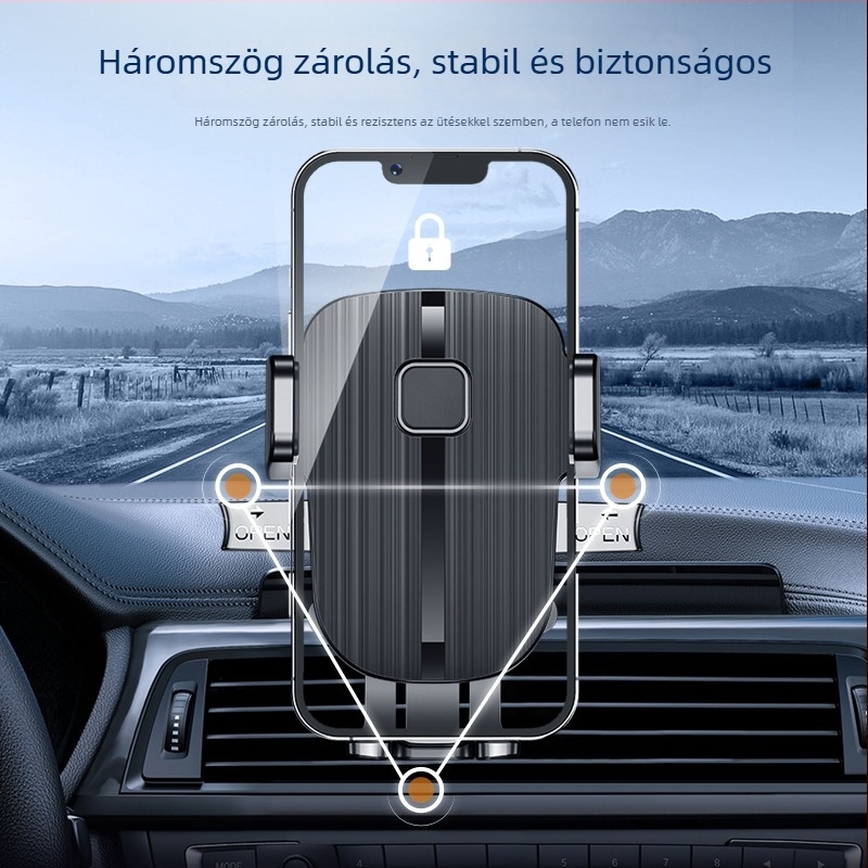 Autóventilációs nyílásába illeszkedő telefon-tartó, univerzális műanyagból készül, automatikus zárással és navigációs rögzítéssel