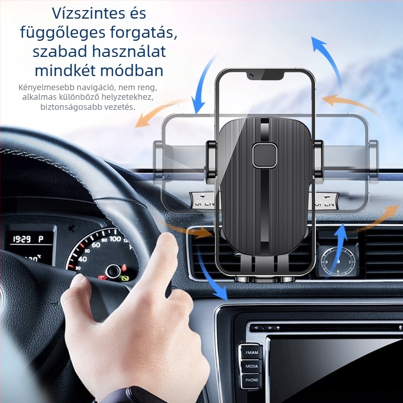 Autóventilációs nyílásába illeszkedő telefon-tartó, univerzális műanyagból készül, automatikus zárással és navigációs rögzítéssel