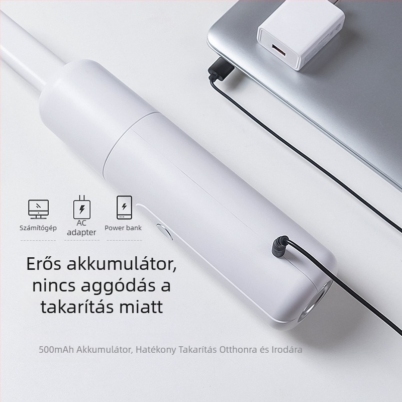 Mini vezeték nélküli autóporszívó, kézi kivitel, USB töltéssel, beépített akkumulátor 501–800 mAh, sarok hajlított fej, szívóerő <10 kPa, zaj <36 dB
