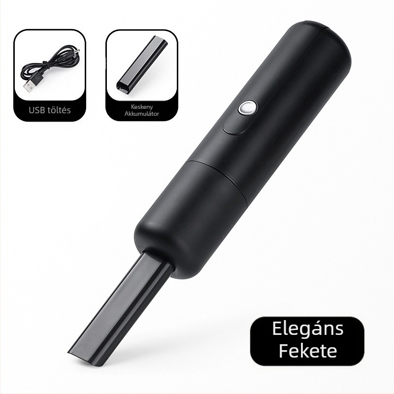 Mini vezeték nélküli autóporszívó, kézi kivitel, USB töltéssel, beépített akkumulátor 501–800 mAh, sarok hajlított fej, szívóerő <10 kPa, zaj <36 dB