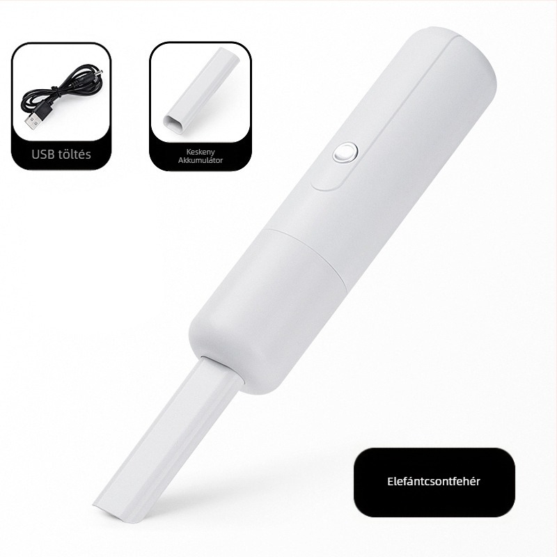 Mini vezeték nélküli autóporszívó, kézi kivitel, USB töltéssel, beépített akkumulátor 501–800 mAh, sarok hajlított fej, szívóerő <10 kPa, zaj <36 dB