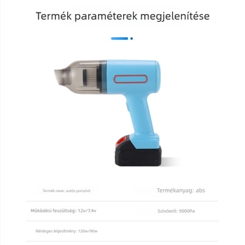 Hordozható autóporszívó kettős funkcióval: szívás és fújás (9000 Pa, 12 V, 90 W), újratölthető